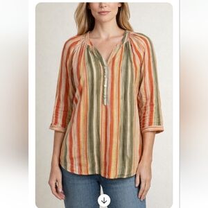 Ruby Rd Linen Blend Green & Orange Striped Blouse Size Medium
